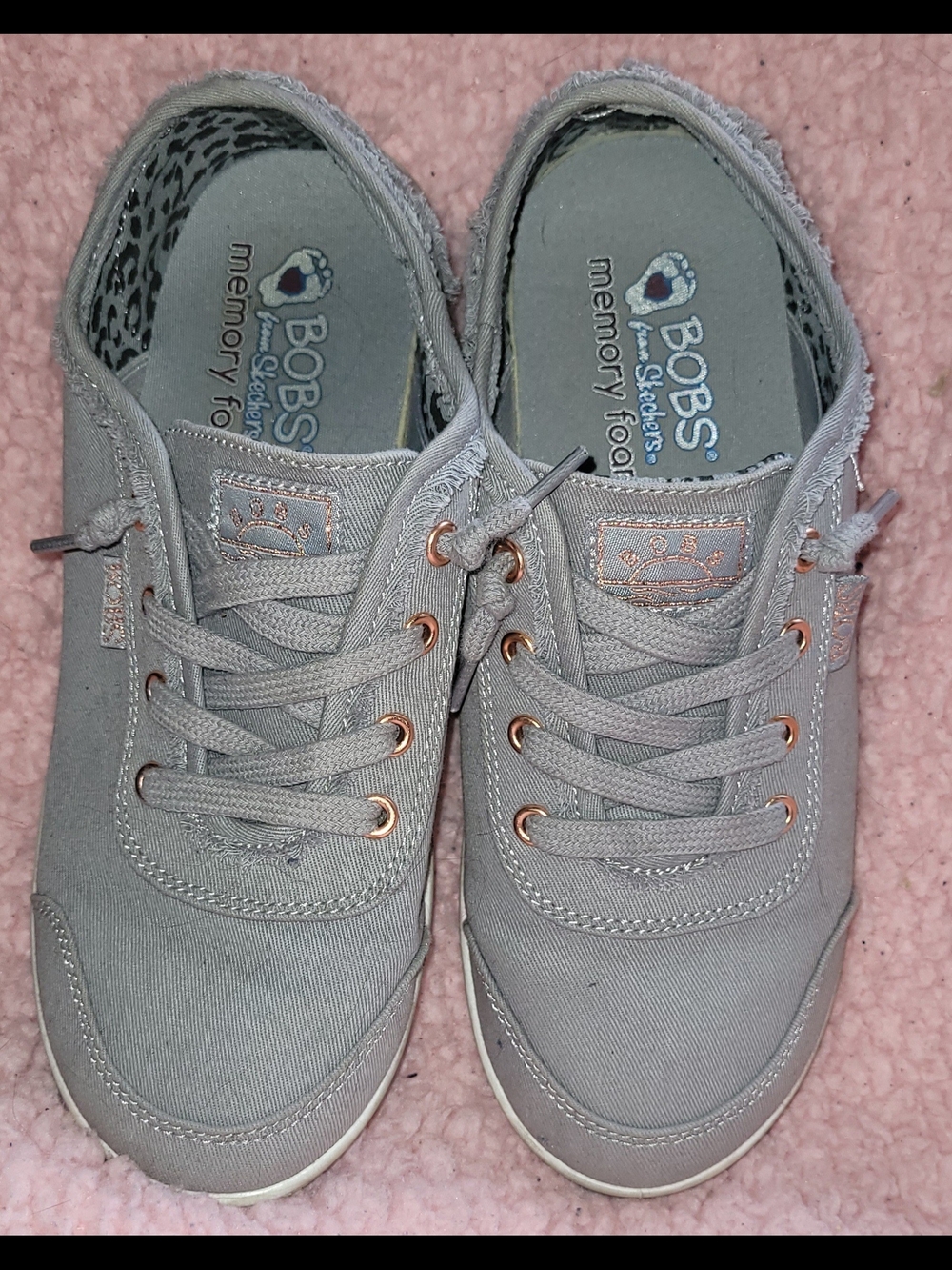 Skechers Women's Light Gray Canvas Lace-Up Sneakers with Rose Gold Eyelets